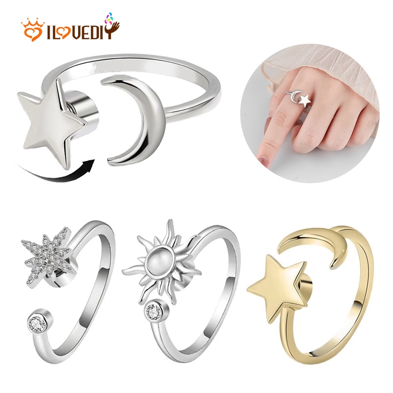 Wanita Fashion Anti Kecemasan Yang Dapat Diputar Kristal Matahari Bintang Terbuka Rings /Ladies Halus Halus Tipis Jari Cincin/Populer Pesta Pernikahan Perhiasan