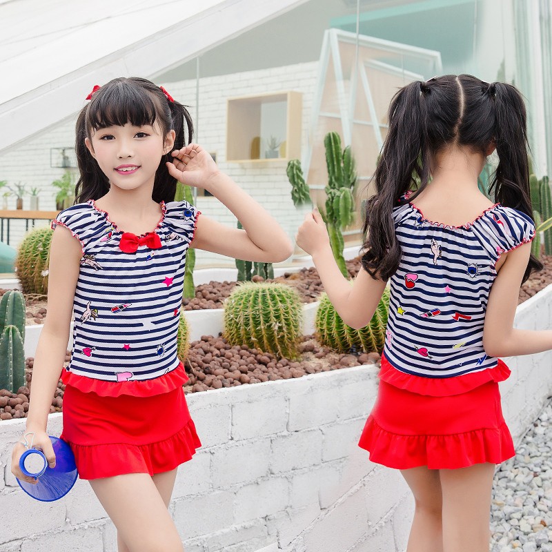 Set 2pcs Baju Renang Bikini Bayianak Perempuan Lucurok Model Split Gaya Korea Untuk Pantai