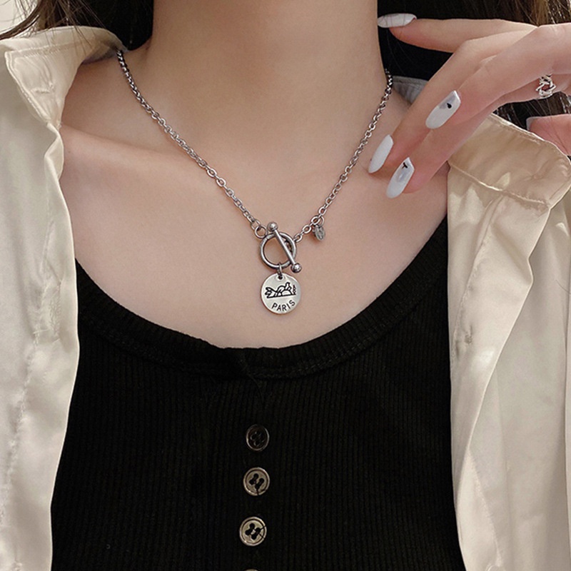 OT buckle simple Paris letter round card pendant light luxury temperament sweater chain 210825