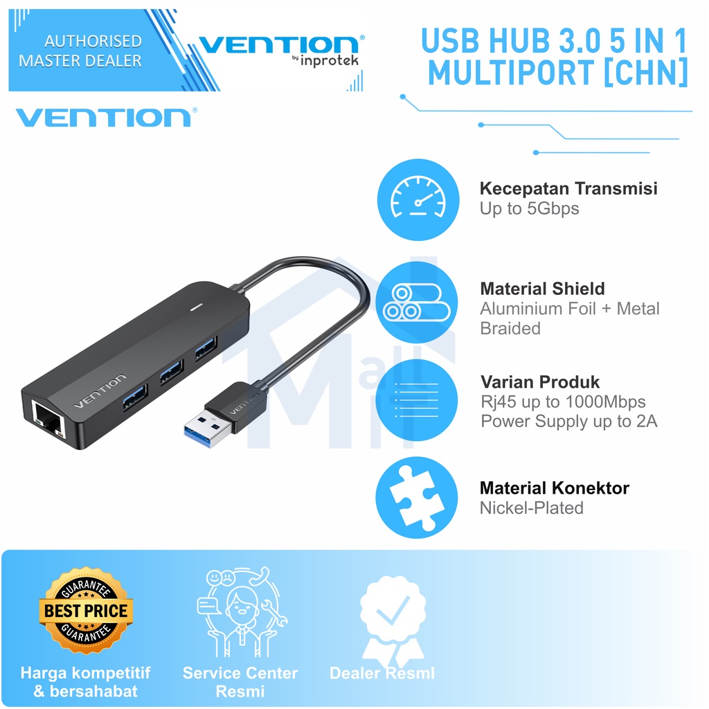 ( Bisa Cod ) Vention Hub USB A 2.0 3.0 3 PORT Lan Ethernet Adaptor w/ Power CHN CHP