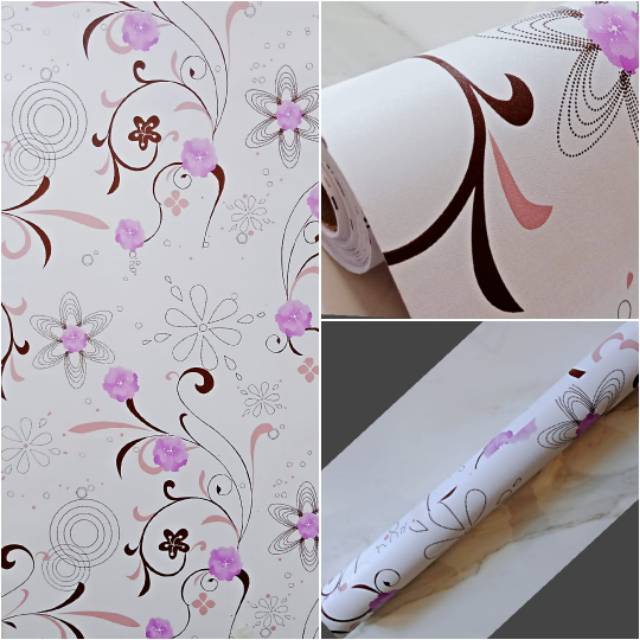 Wallpaper sticker dinding putih bermotif bunga ulir ungu cantik