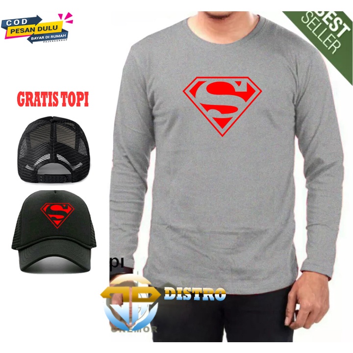 Gratis Topi... Baju Kaos Distro Superman Merah Premium Quality Lengan Panjang Kaos Kekinian Kaos Vir
