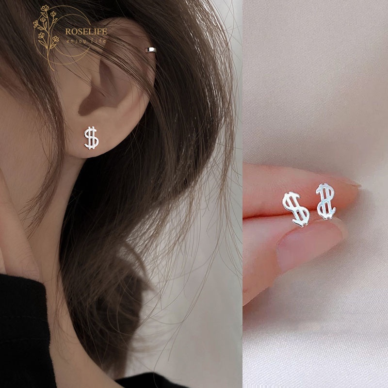 1 Pasang Anting Stud Desain Tanda Dollar Bahan S925 Silver Anti Alergi Untuk Wanita