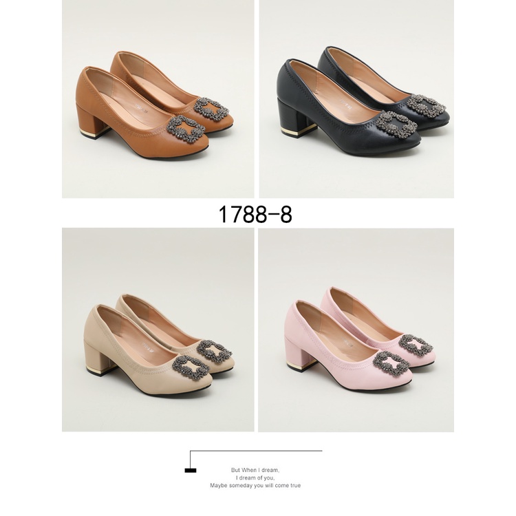 HELIVA ALICE High Heels 6cm Chunky Hak Jewel Buckle Bahan Kulit 1788-8 Original Brand Heels Pesta