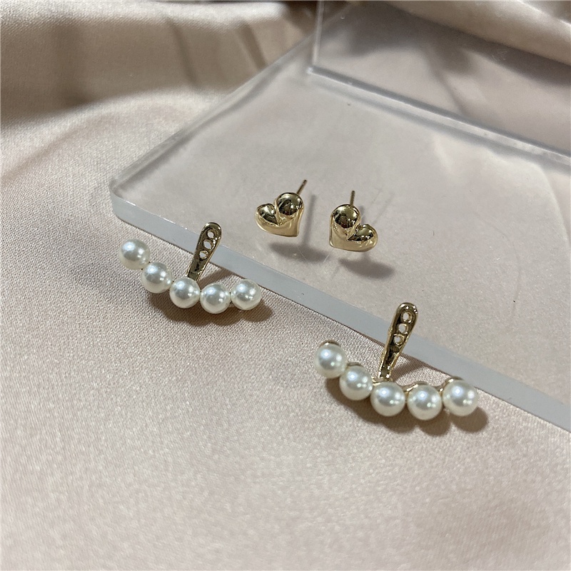 Anting Emas love Hati Desain Melengkung Mutiara Aksesoris Wanita Korea