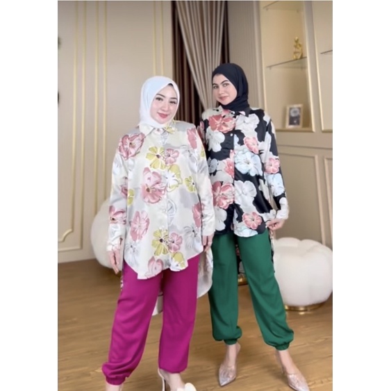 Gista Flower Blouse / Baju Atasan Kemeja Bunga Satin Wanita Import