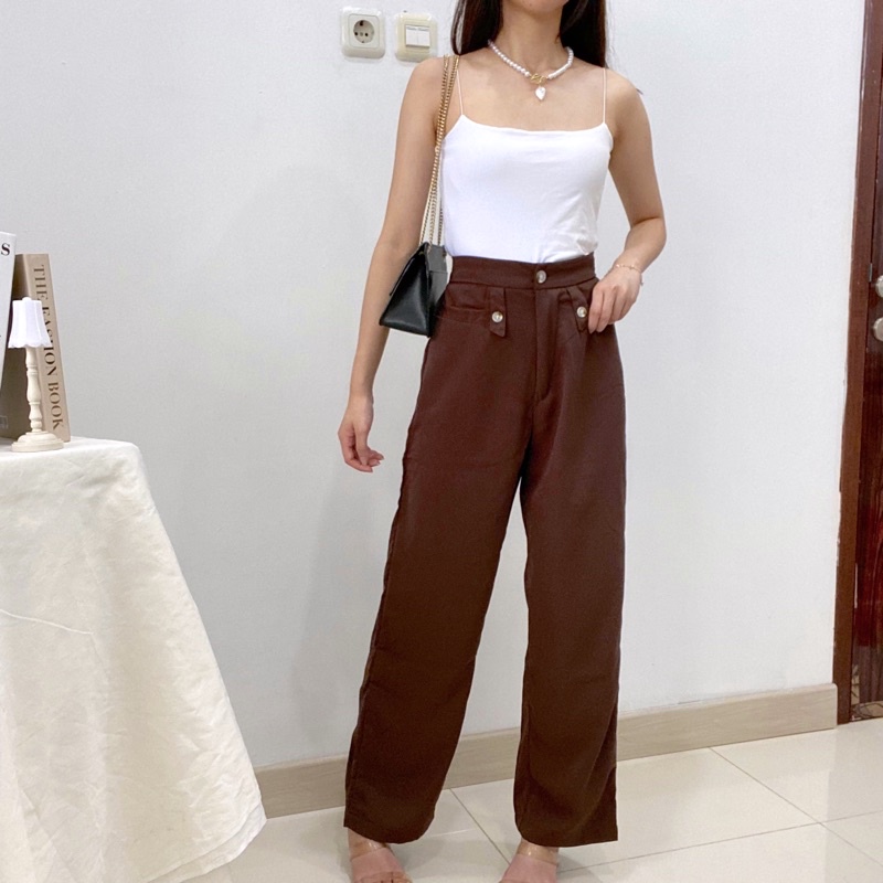 AGNES Highwaist Pants Polyester / Celana Kulot Wanita /  Loose Trousers Button P2