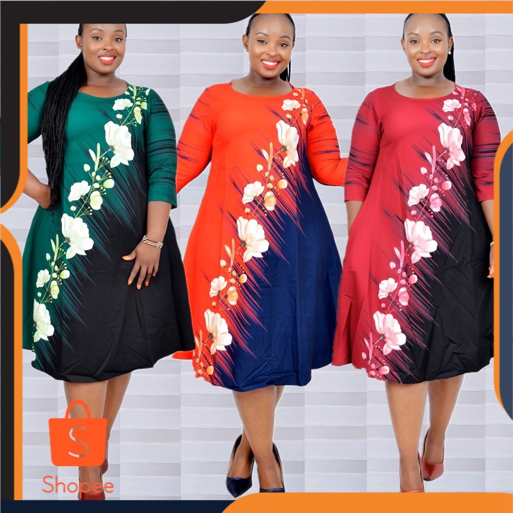 Jumbo Dress 6XL Afrika Plus Ukuran  Wanita   Leher Bulat Lengan 3/4 Positioning Percetakan Jahitan Gaun Jx076