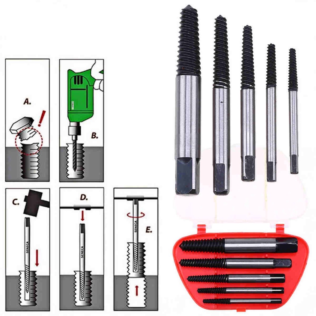 YGRETTE - Nightstar Set Mata Bor Extractor Broken Screw Remover 5 in 1 5Pcs Screw Extractor Center Drill Bits Guide Set Broken Damaged Bolt Remover Removal Speed Easy Set