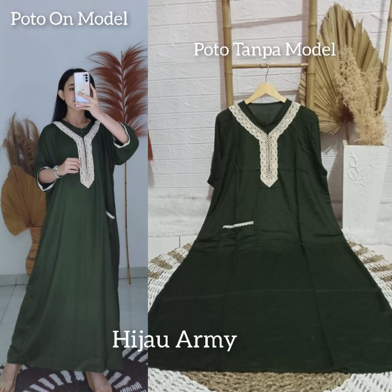 Daster BUSUI Arab Kekinian Tangan 3/4 (aisyah) / Daster Muslim Renda Jumbo LD 120 cm / Daster BUSUI /Daster kekinian /Daster Renda-Hijau Army