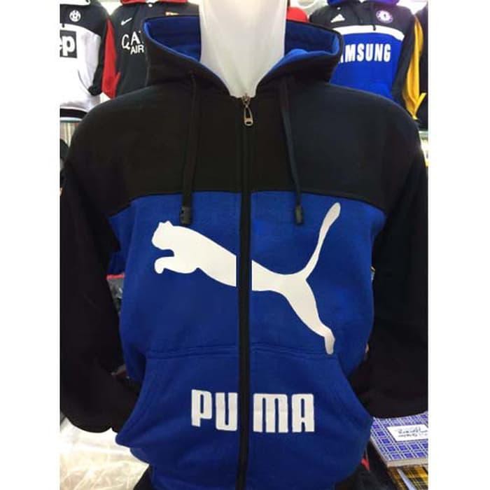 Jaket Hoodie Puma W-432 Jumper Apparel Kombinasi Hitam Biru Zipper Berkualitas