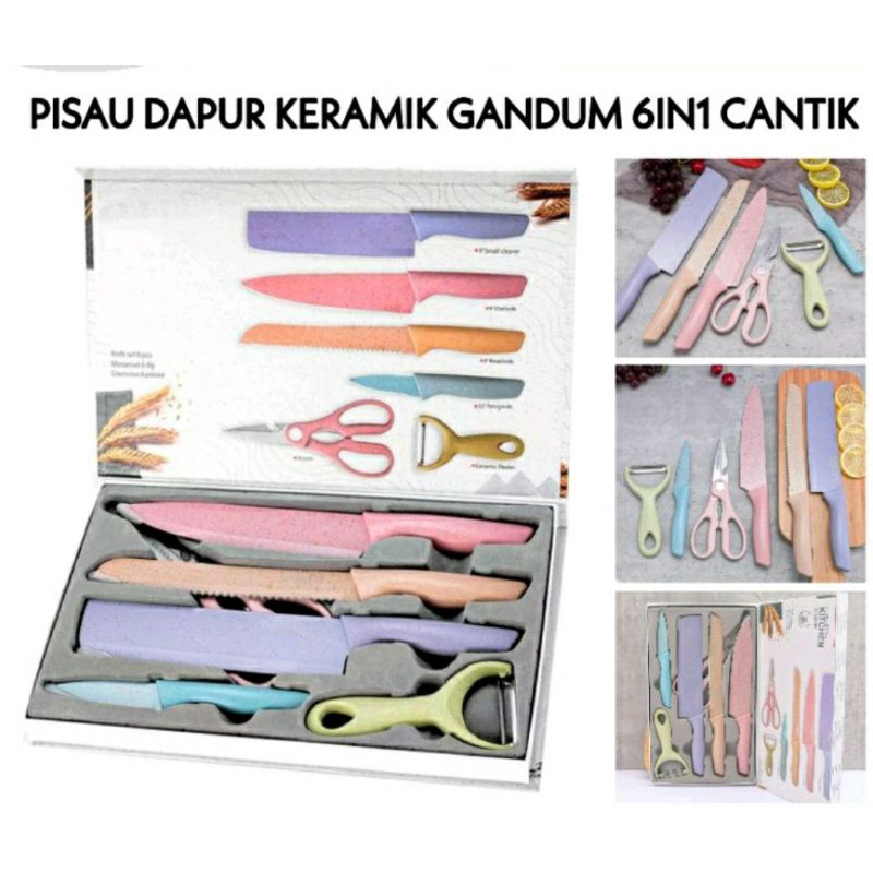 PISAU SET 6 in 1 STAINLESS ANTI LENGKET LAPIS KERAMIK / PISAU DAPUR JERAMI