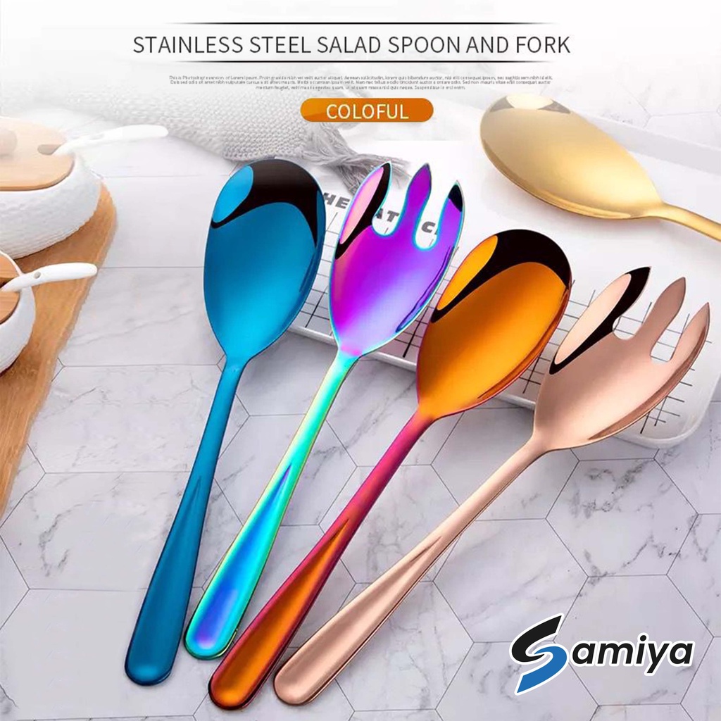 serving spoon fork set stainless / sendok garpu saji lauk pauk makanan long handle jumbo big spoon