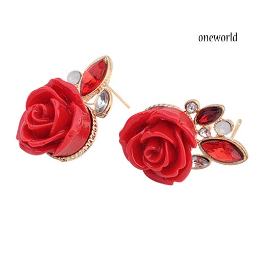OW@ Women's Retro Elegant Rose Flower Rhinestone Inlaid Ear Studs Earrings Gift