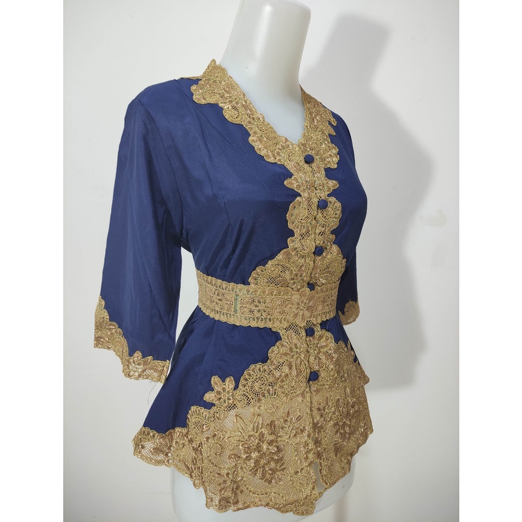 Atasan Kebaya Bordir Modern Mewah Lengan 3/4 Warna Putih|Merah Maroon|Biru Navy / Kebaya Wanita Dewasa Terbaru / Kebaya Akad Nikah Kekinian / Kebaya Wisuda Elegan / Kebaya Kondangan Moderen Cantik Tiara-Navy Emas