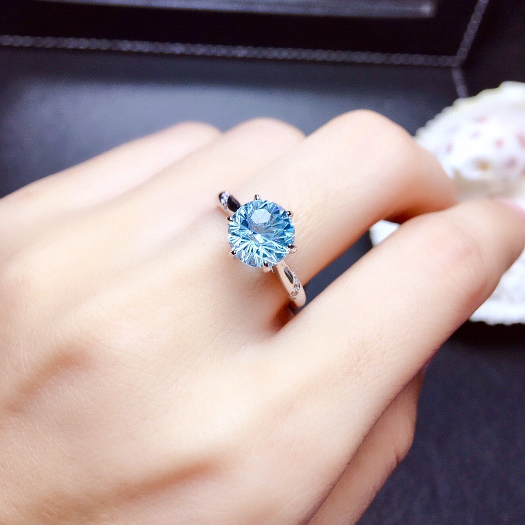 Klasik 6 Cakar Cincin Kristal Berlian Biru Muda Perak 925 Hadiah Pernikahan Pertunangan Fashion Wanita Rings