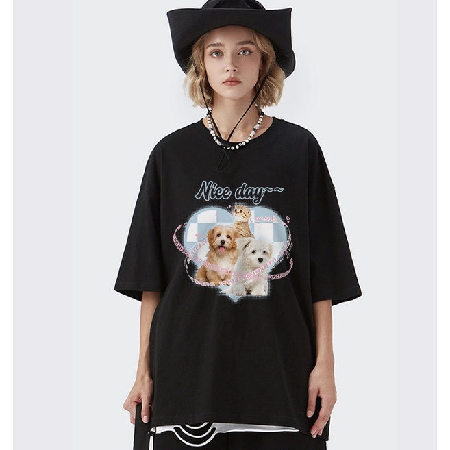 EUNII T-shirt Lengan Pendek Imut Papan Main Dam Kartun Anjing Pencetakan Longgar Korean Style/Kaos Atasan Wanita/Baju Kaus Oversize Wanita