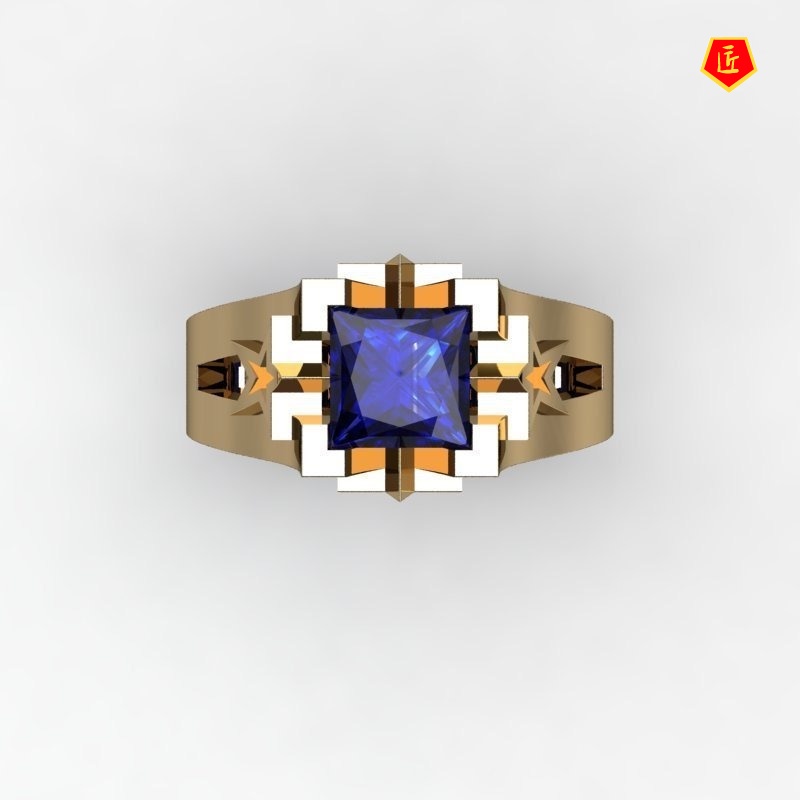 [Ready Stock]Luxury 18K Gold Inlaid Sapphire Ring Simple Personality