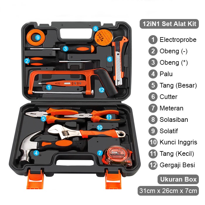 Alat Perkakas Tukang Lengkap Repairing Hand Tool Kit Set Box 12in1 Import | Palu | Tang | Kunci Inggris | Gergaji | Solatif | Meteran | Cutter Lengkap - GJ-33 - LuckyStar