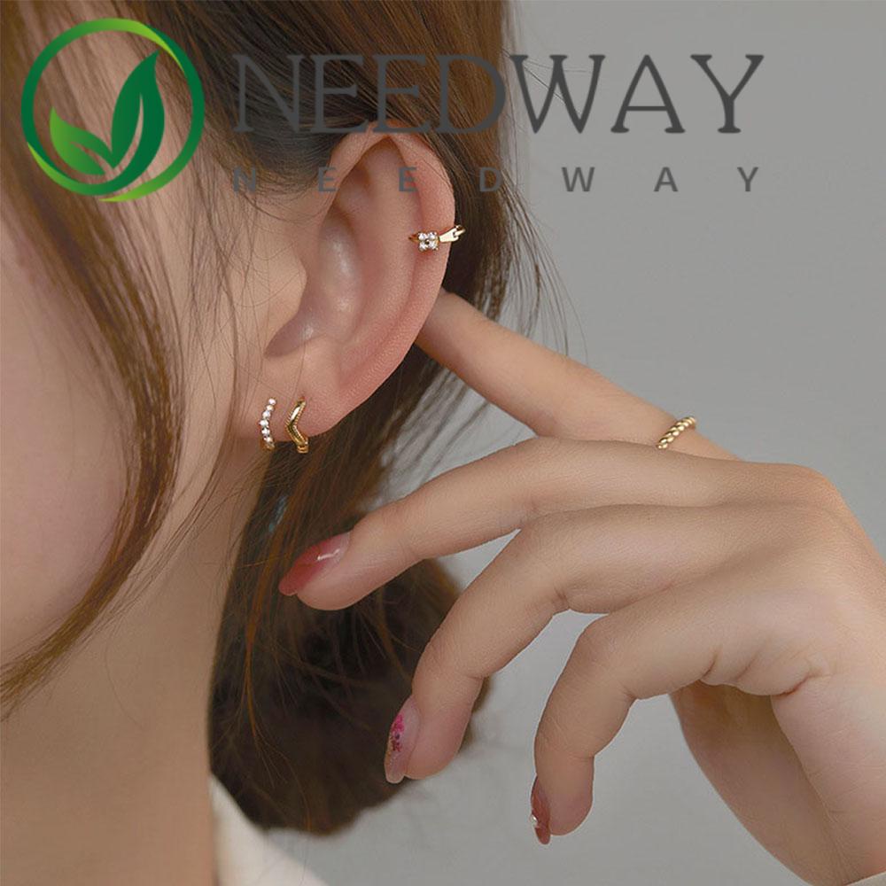 Needway  Earrings Ear Buckle Small Ear Cuff Clip Earrings Women Trendy Elegant V-shaped Diamond Temperament Stud Earrings