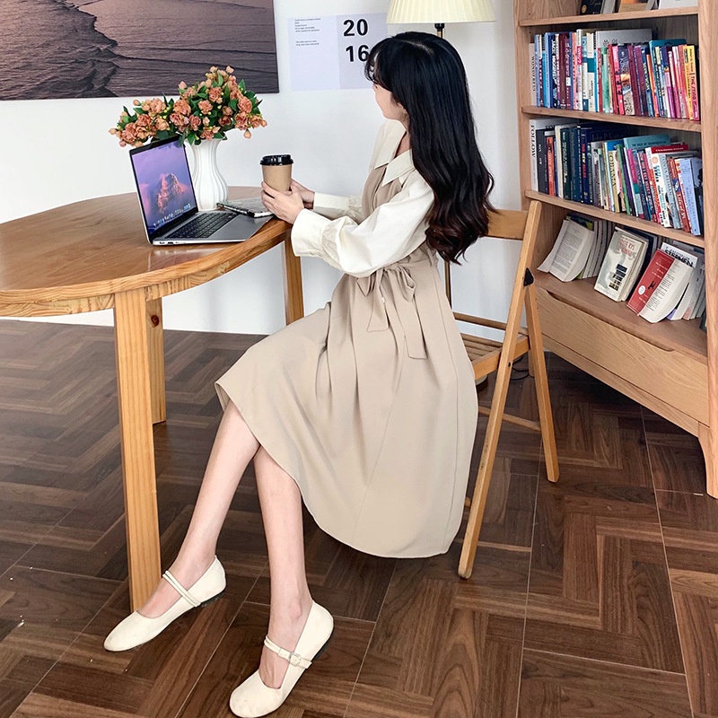 [littlecrab] Dress Wanita Putih Hitam Moka Kemeja Dress Kerja Lengan Panjang Dress Simple Elegan Korean Style