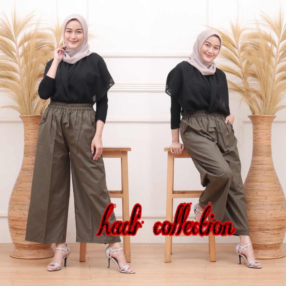 Celana Kulot Linen Rami Highwaist Pinggang Karet Wide Leg Cullote