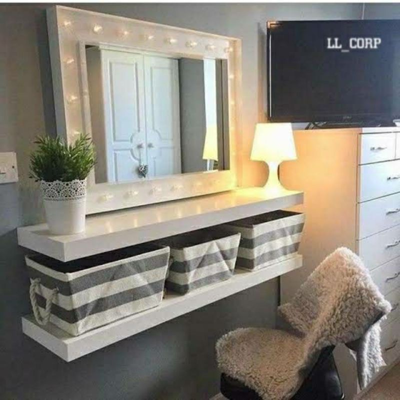 Model rak make up kosmetik dinding pot kamar bunga kembang dari kayu tempel tv minimalis besi buku L