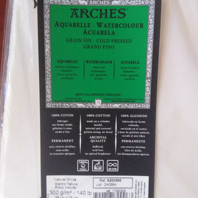 

Watercolour paper merk Arches jenis cold pressed, 300g/m2-140lb