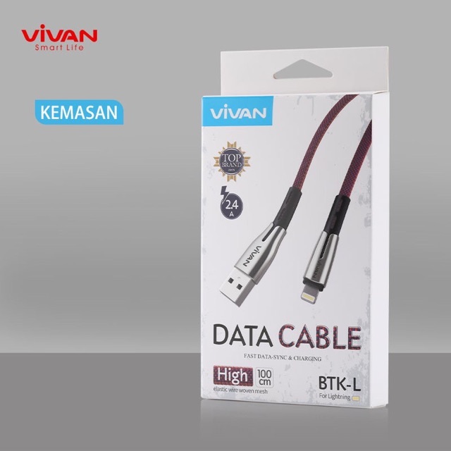 VIVAN BTLK LIGHTNING Kabel Data / Charger Fast Charging 2.4A - 100CM - Garansi Resmi 1 Tahun - BTK-L BTKL