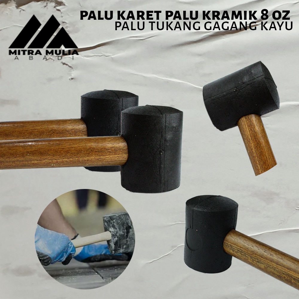 Palu Karet 8 Oz l Palu Keramik Hitam l Palu Tukang Gagang Kayu