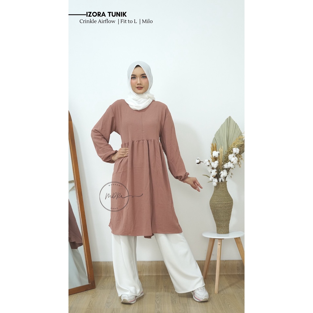 Izora Tunik Baju Atasan Wanita Muslim Busui Jumbo Polos Lengan Panjang Bahan Crinkle Airflow Premium Fit to L / Blouse Wanita Remaja Casual Korean Style  Kekinian 2022 / Fashion Wanita Muslim Terbaru Beraneka Warna