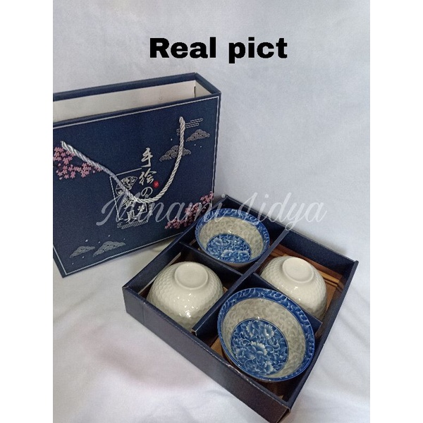 set mangkok rice bowl bunga biru gift hadiah with box