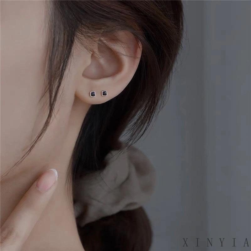 Anting Stud Bahan S925 Sterling Silver Bentuk Persegi Geometris Aksen Zirkon