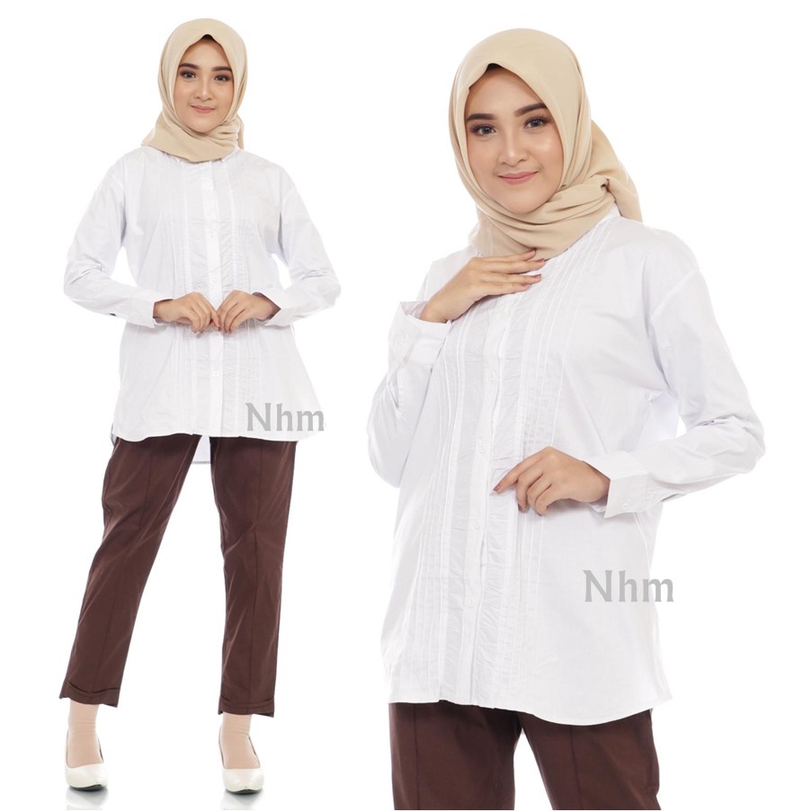 NHM Kemeja Putih Polos Opnasel - Kemeja Wanita Baju Jumbo Kantor Formal Kerja Cewek