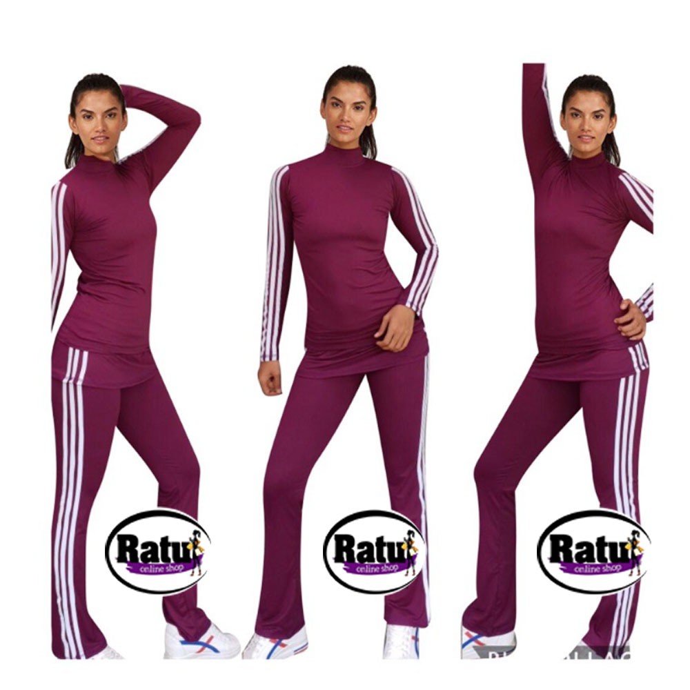TERLARIS Baju senam olahraga scuba Marun lis Putih/ Set baju senam muslim Rok / Set baju senam