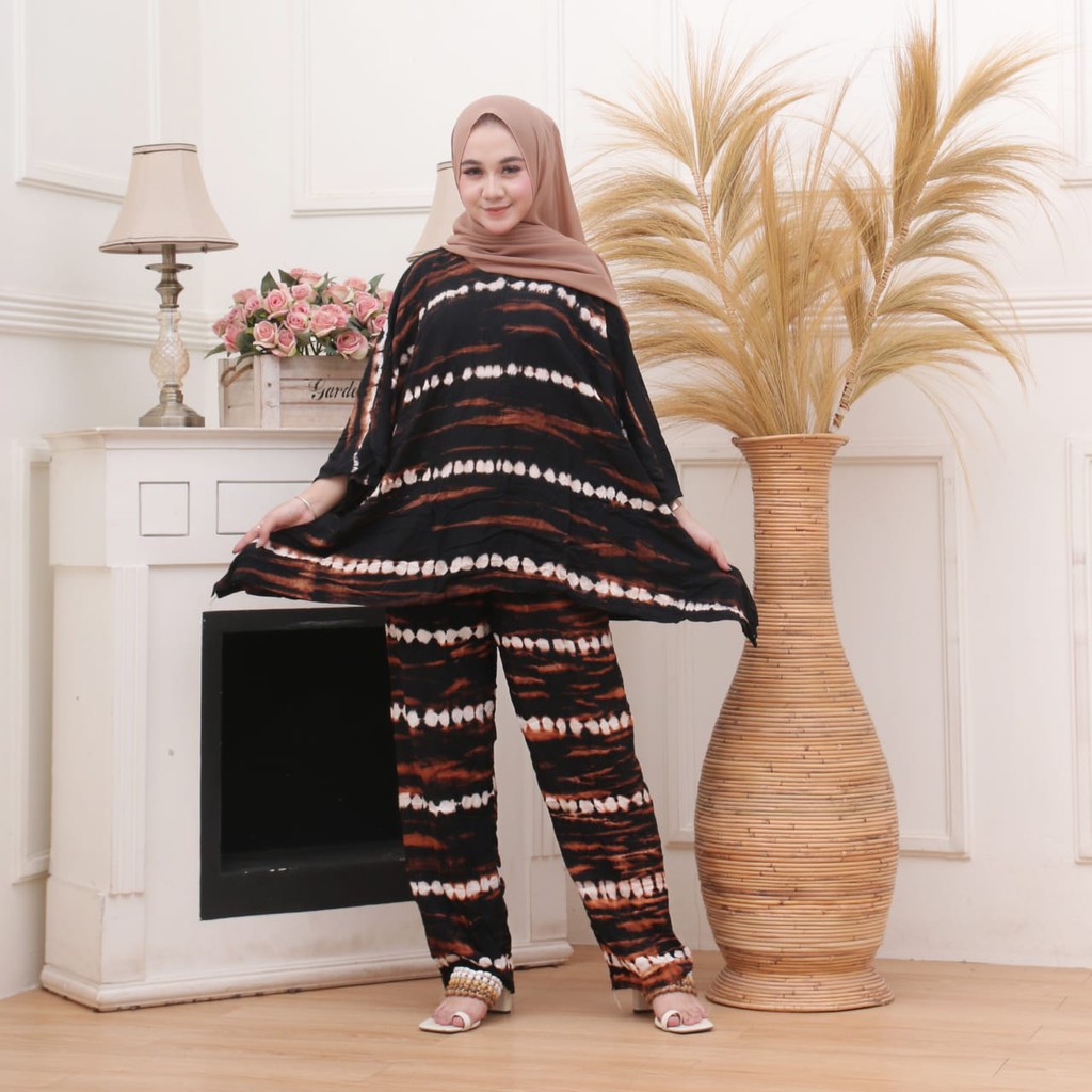 Anora Set - One Set Wanita Jumbo Rayon Premium Setelan Wanita Waka Waka Lengan 7/8 Set Celana Panjang LD 140 cm