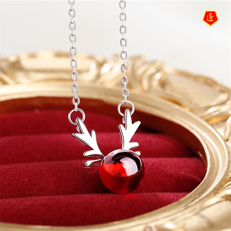 [Ready Stock]925 Silver Garnet Elk Necklace Japan and South Korea Sweet and Simple