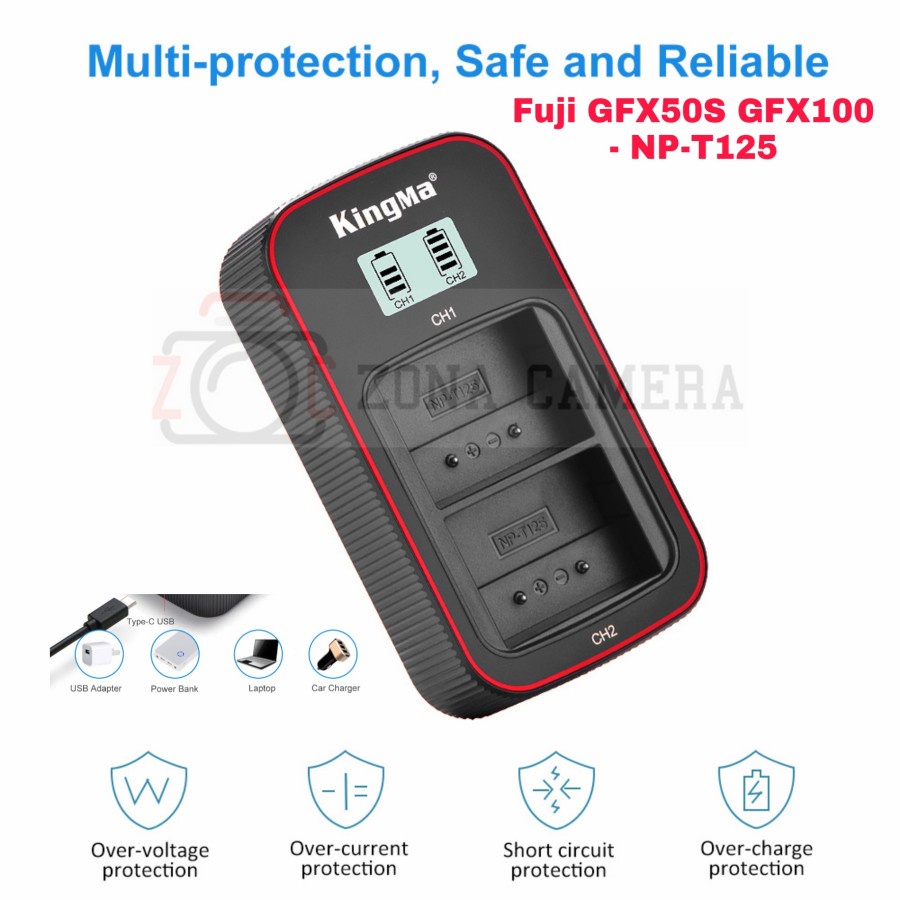 Kingma Charger Baterai 2 Slot LCD Fuji GFX50S GFX100 NP-T125 GFX50r