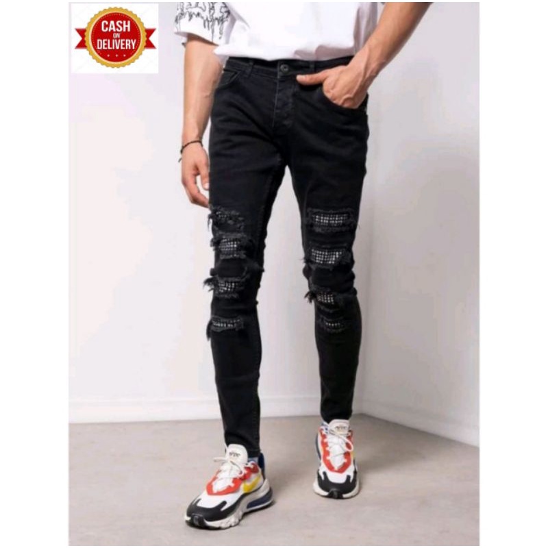 049 Celana jeans sobek tempel slimfit skinny hitam biru pensil distro ripped pria wanita strit soft