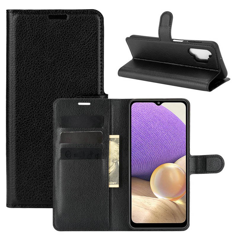Wallet Flip Leather Case Samsung Galaxy A32 5G - Cover Stand Card Holder Dompet Casing Hitam Black