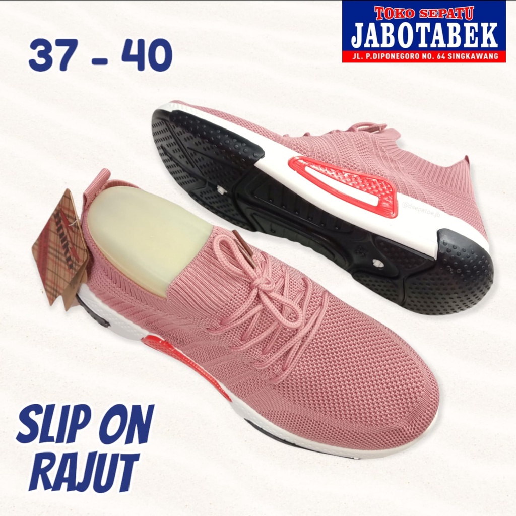 [COD] Sepatu slip on rajut wanita dark pink merah muda polos simple SPIKE size 37-40 Sepatu perempua