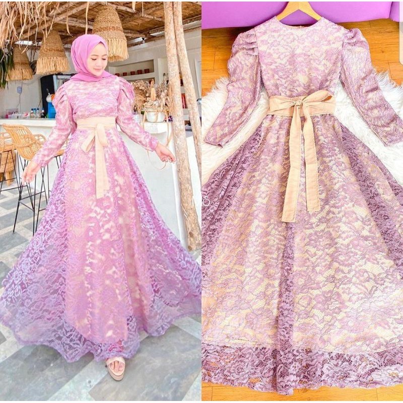 Gamis brukat Dewasa Remaja Kekinian model Modern nikahan Lebaran Terbaru 2022 Corneli Lilac Ld 102