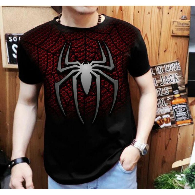 JNW-LENGAN PENDEK/T-SHIRT DISTRO/Kaos cowok Spiderman Merah bahan spandex fit to L-Xl