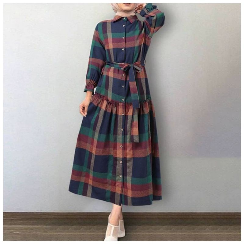 MDLV ~ 04430# Emma Plaid Shirt Dress Kotak Dress Maxi Fashion Import