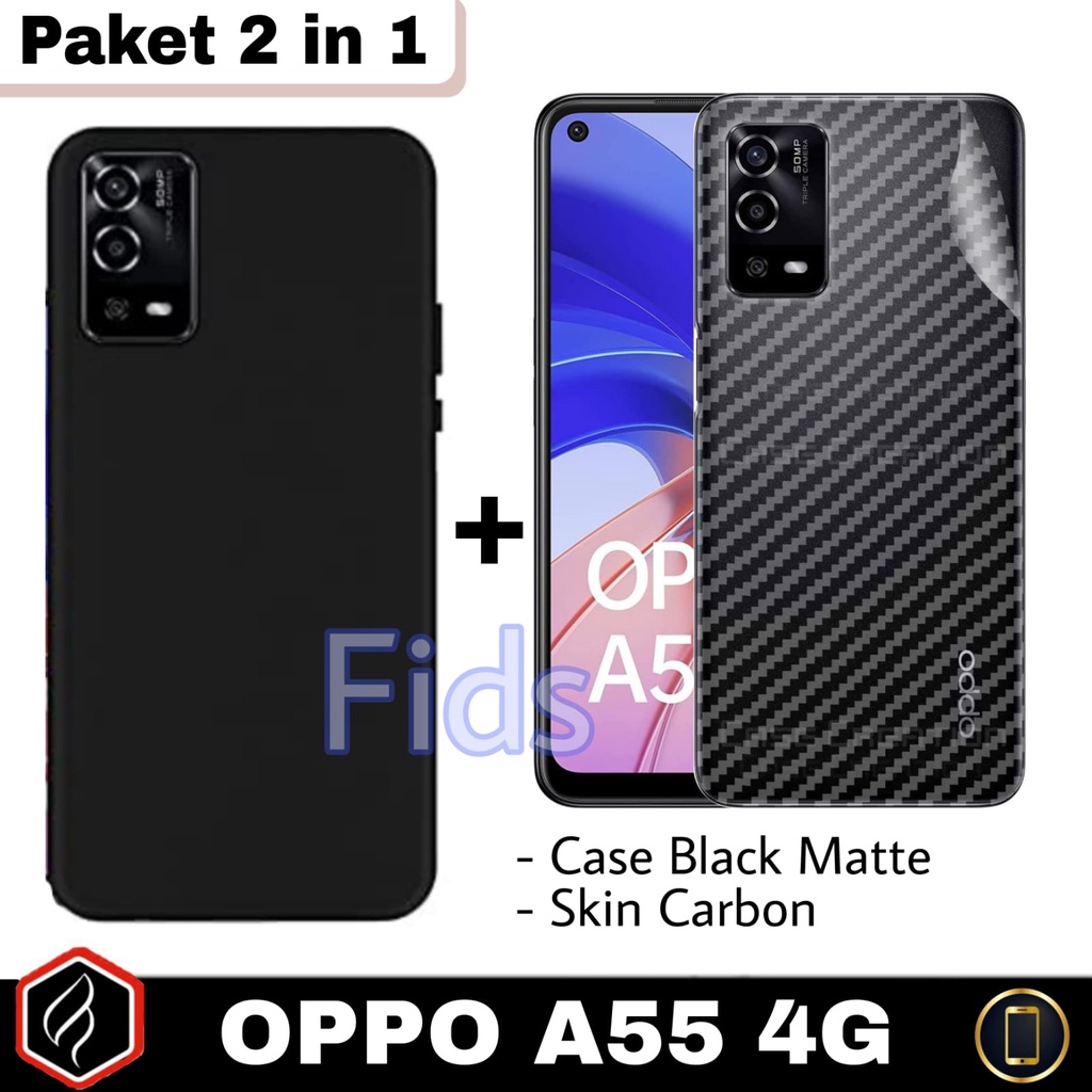 Paket 2 in 1 Case OPPO A55 4G Softcase Black Matte Free Garskin Carbon | Casing Premium Slim Exellent Cover | Soft Matte | Soft Case Macaron