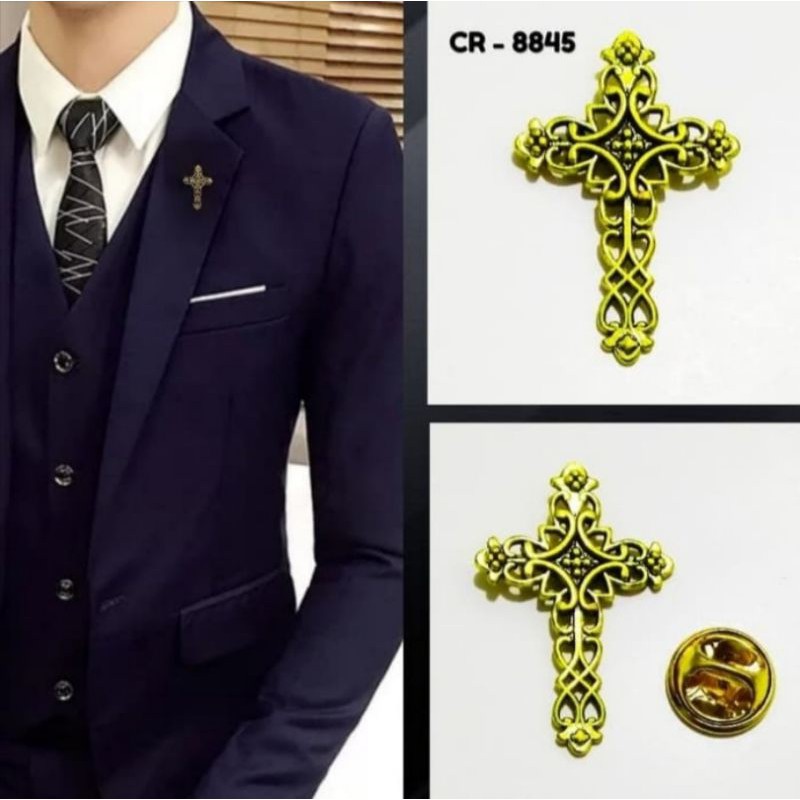Metal Gold Cross Pin Bros Jas Kameja Tuxedo Salib Classic Mens Pria