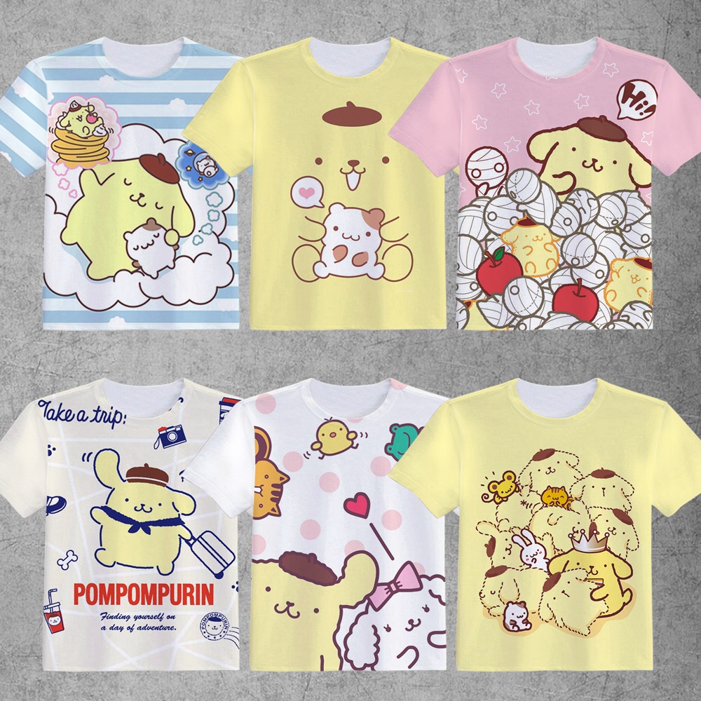 Kaos T Shirt Casual Lengan Pendek Motif Print Anjing Pom Pom Lucu