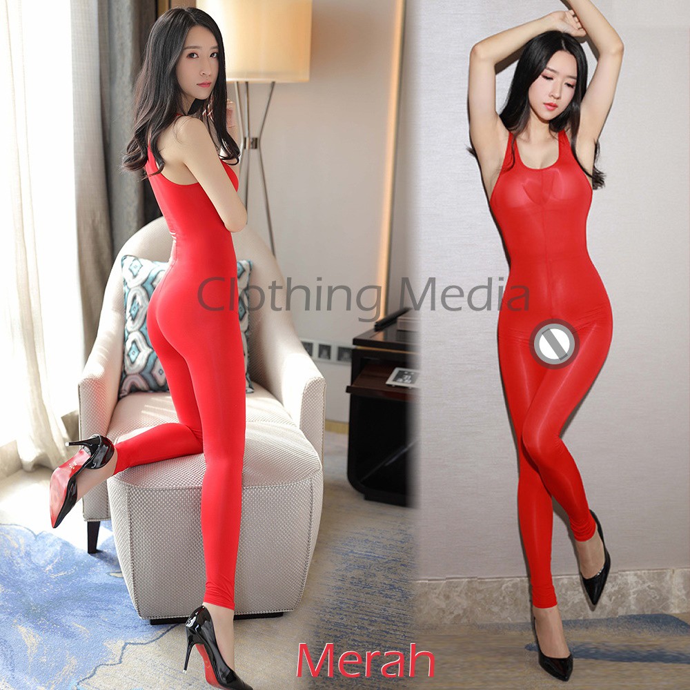 Full Bodysuit Jumpsuit Silky Halus Bodystoking Zipper Tanktop Catsuit