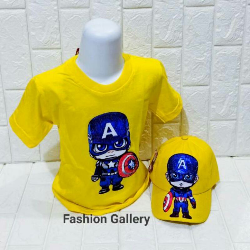 COD paket 2in1 baju kaos anak LED bisa nyala dan topi anak LED bisa nyala motif avenger kaos oblong anak