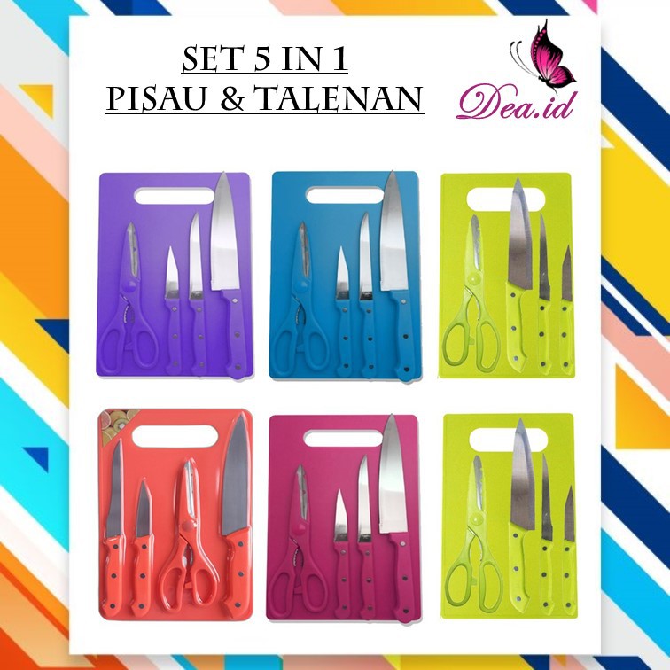 [DEASTORE] H067 | PISAU SET TALENAN TELENAN 5 IN 1 / Pisau Dapur, Roti, Daging, Gunting Sayur